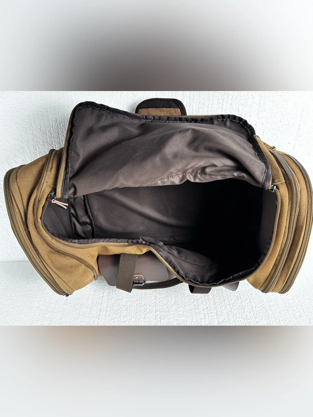 Wildroad Tan Canvas Duffel Bag with Dark Brown Leather Trim 50L expandable